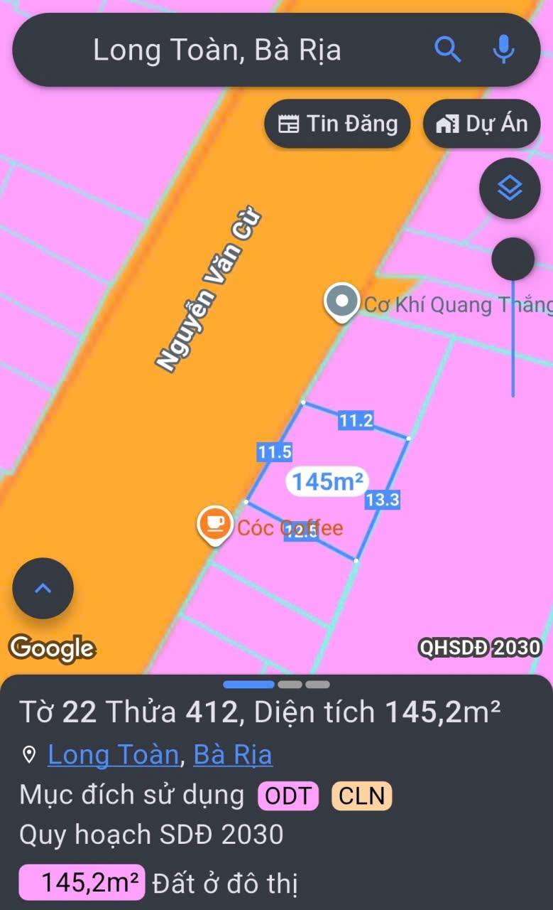 Bán đất mặt tiền Nguyễn Văn Cừ Bà Rịa gần chợ Long Toàn giá 6 tỷ 900 triệu