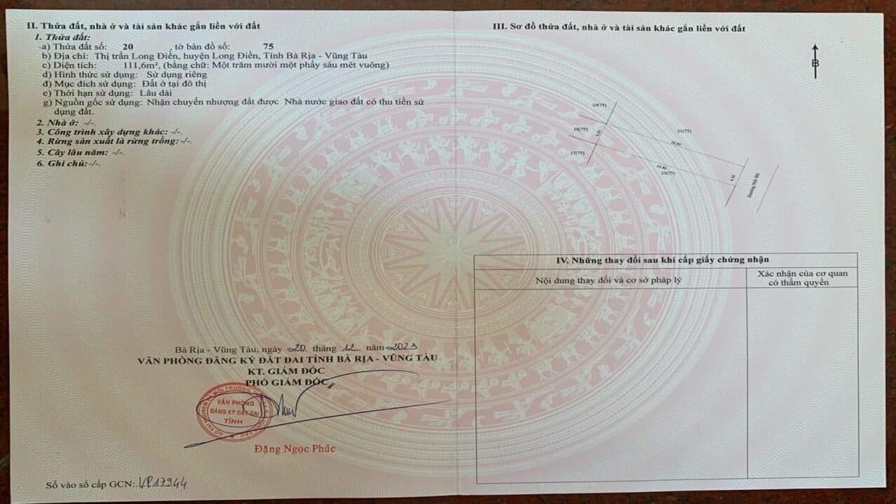 Bán đất Thị trấn Long Điền BRVT giá 1 tỷ 700 triệu gần công viên Bàu Thành