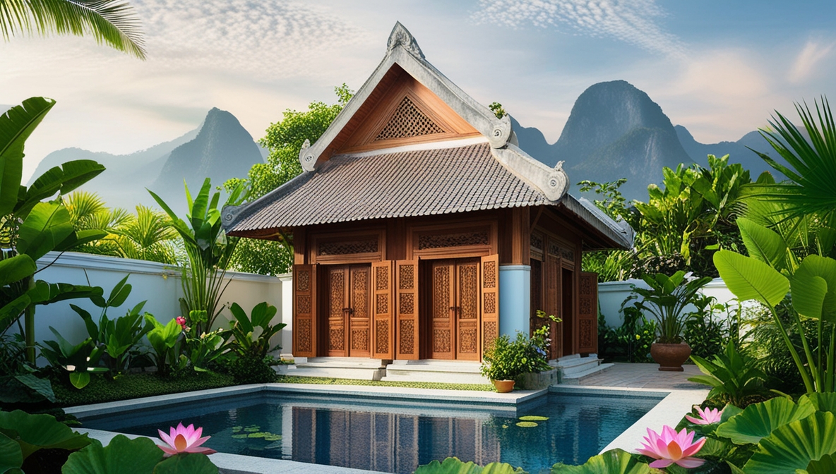 Hình ảnh một ngôi nhà truyền thống Việt Nam với cảnh quan xung quanh đẹp mắt, thể hiện sự hòa hợp với thiên nhiên. Hình ảnh một ngôi nhà truyền thống Việt Nam với cảnh quan xung quanh đẹp mắt, thể hiện sự hòa hợp với thiên nhiên.