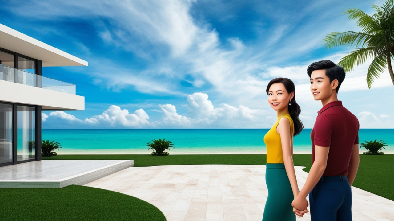 Bức ảnh một cặp đôi trẻ tuổi đang xem một căn nhà ven biển ở Vũng Tàu, với nền là bãi biển xanh và cát trắng. Bức ảnh một cặp đôi trẻ tuổi đang xem một căn nhà ven biển ở Vũng Tàu, với nền là bãi biển xanh và cát trắng.