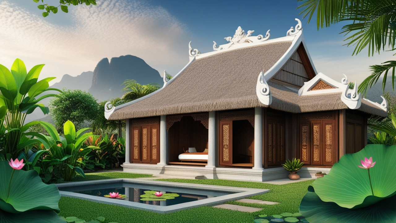 Hình ảnh một ngôi nhà truyền thống Việt Nam với cảnh quan xung quanh đẹp mắt, thể hiện sự hòa hợp với thiên nhiên. Hình ảnh một ngôi nhà truyền thống Việt Nam với cảnh quan xung quanh đẹp mắt, thể hiện sự hòa hợp với thiên nhiên.