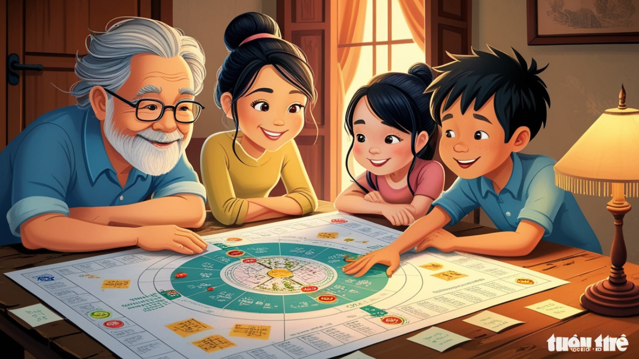 Hình ảnh một gia đình người Việt Nam đang xem bản đồ phong thủy và thảo luận về hướng nhà. Hình ảnh một gia đình người Việt Nam đang xem bản đồ phong thủy và thảo luận về hướng nhà.