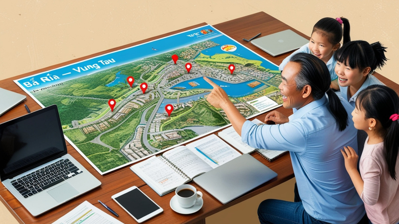 Hình ảnh một bản đồ khu vực Bà Rịa – Vũng Tàu với các vị trí nhà đất nổi bật, có một gia đình Việt Nam đang xem xét. Hình ảnh một bản đồ khu vực Bà Rịa – Vũng Tàu với các vị trí nhà đất nổi bật, có một gia đình Việt Nam đang xem xét.